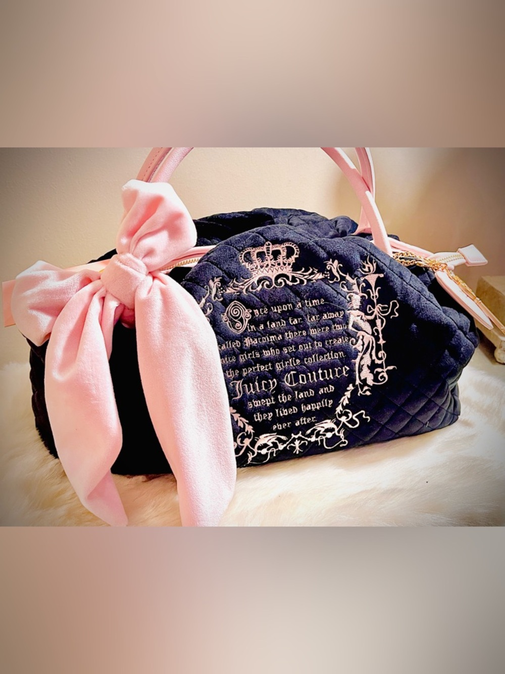 Juicy Couture Black Quilted Hobo with Pink Bow Accent